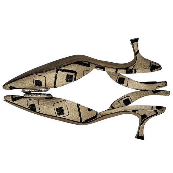 Manolo Blahnik Slingback Snakeskin Heels Black Crystal Buckle Beige Print 39.5 - Picture 9 of 13